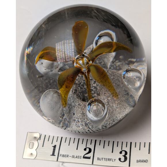 Vtg Murano Style Flower Paperweight 3.25" Controlled Bubble Art Glass Rootbeer - Picture 7 of 9